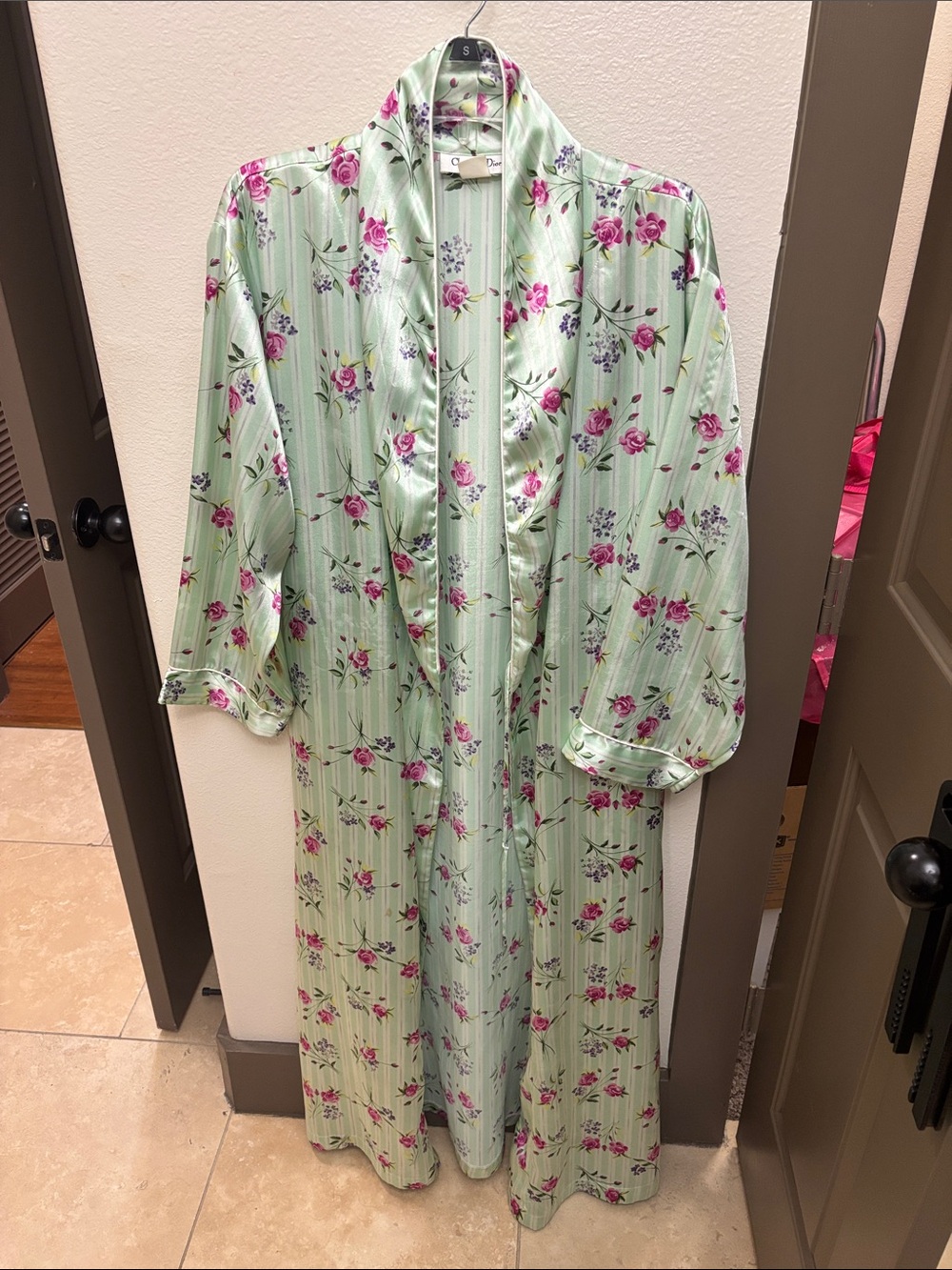 Dior Mint Green Satin Robe with Pink Rose Floral Print